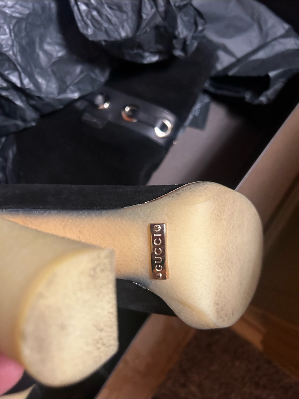 Gucci Black Suede Fur-Trim Knee-High Boots with Silver Eyelet Detail - Picture 3 of 6